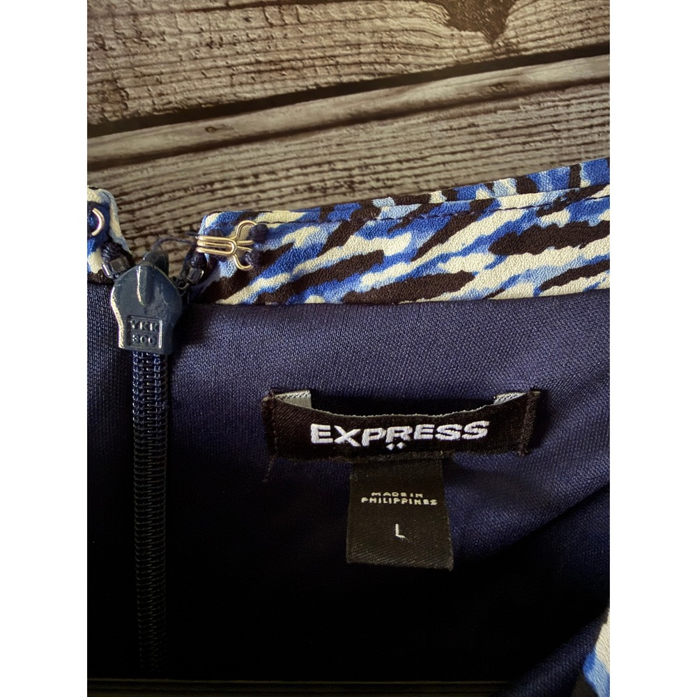 Express Women's Sheath Midi Dress Size L Blue White Black Back Zipper NWT - Picture 7 of 8